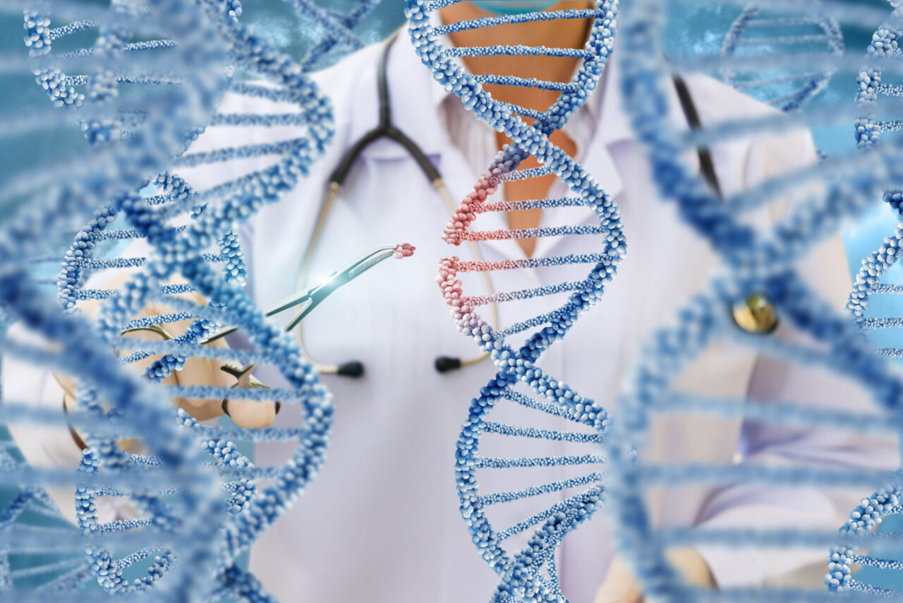 A doctor examines DNA molecules on a blue background.